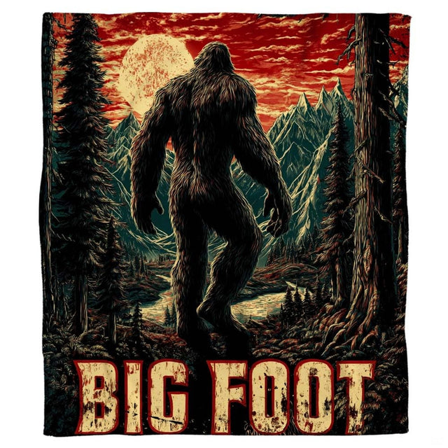 Sasquatch walking into an alpine mountain valley under crimson sunset clouds and a glowing moon, view 2.