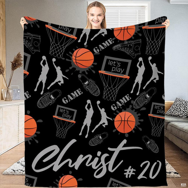Basketball pattern sports throw blanket view 2 highlighting court sneakers, player silhouettes, and hoops
