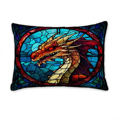 Pillow sham featuring an orange horned dragon in a turquoise mosaic circle