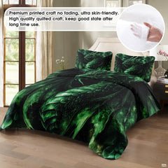 Dark green dragon bedding in a softly lit bedroom