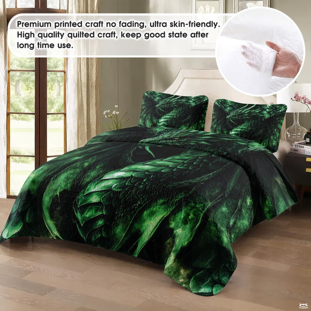 Dark green dragon bedding in a softly lit bedroom