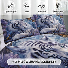 Close portrait of blue-eyed white tiger surrounded by vibrant purple flowers and colorful butterflies.