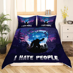 Solitary Bigfoot Sasquatch alpine camp bedding set displayed neatly on a bed in a cabin bedroom