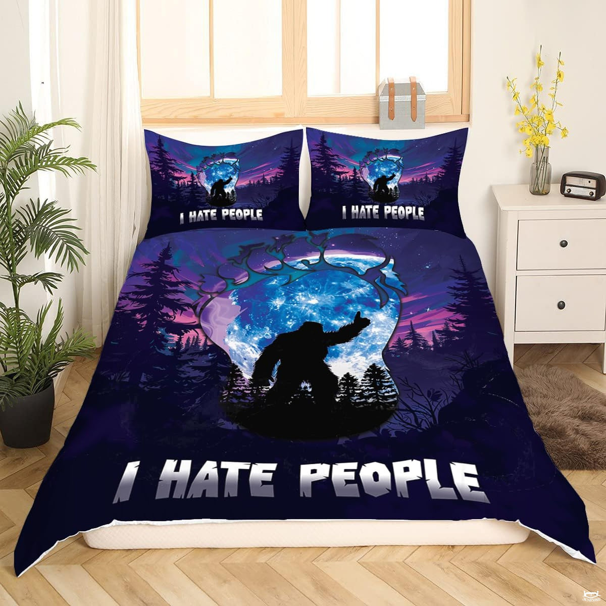 Solitary Bigfoot Sasquatch alpine camp bedding set displayed neatly on a bed in a cabin bedroom