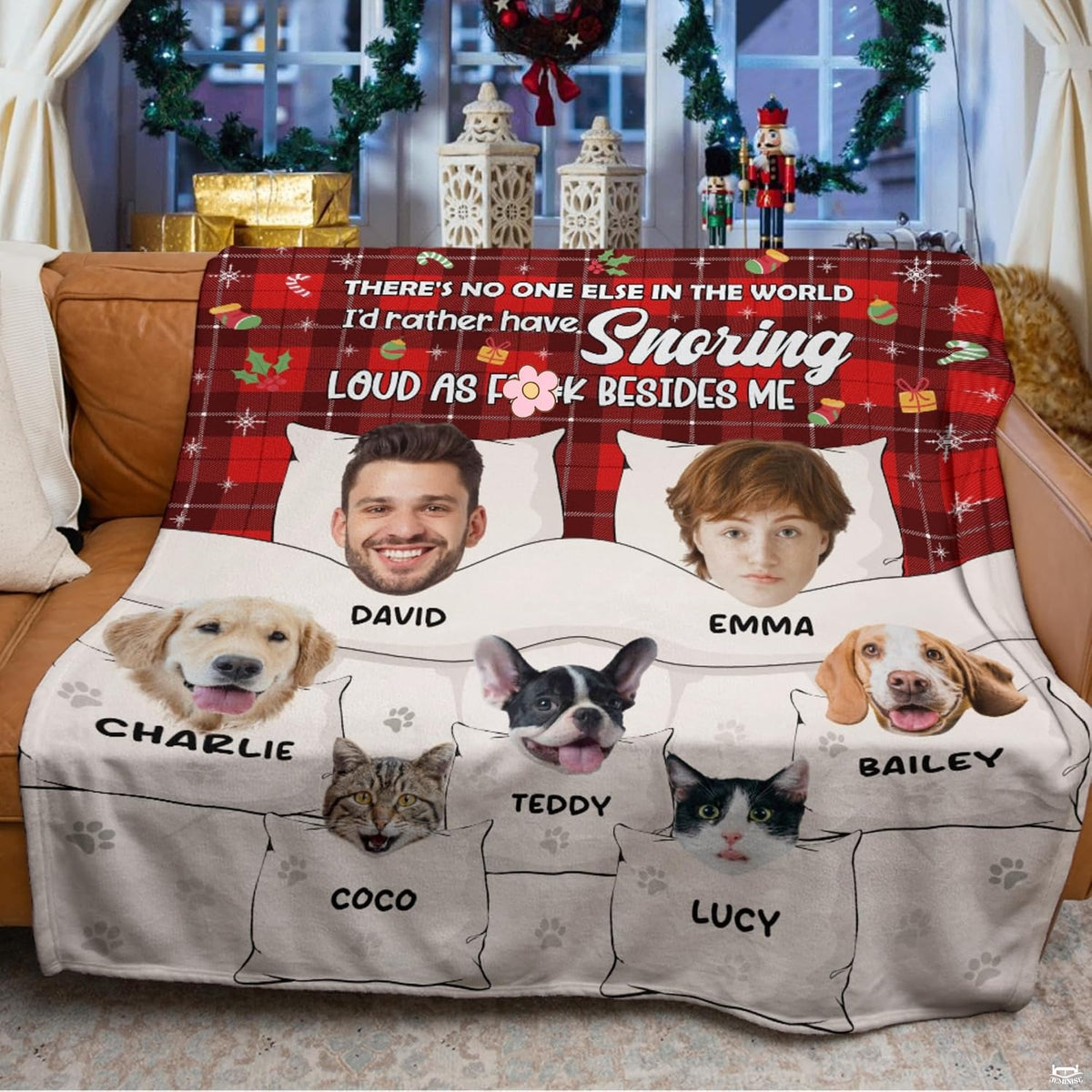 Christmas pet family throw blanket view 3 highlighting couple and pet portraits, bedtime pillows, and red plaid