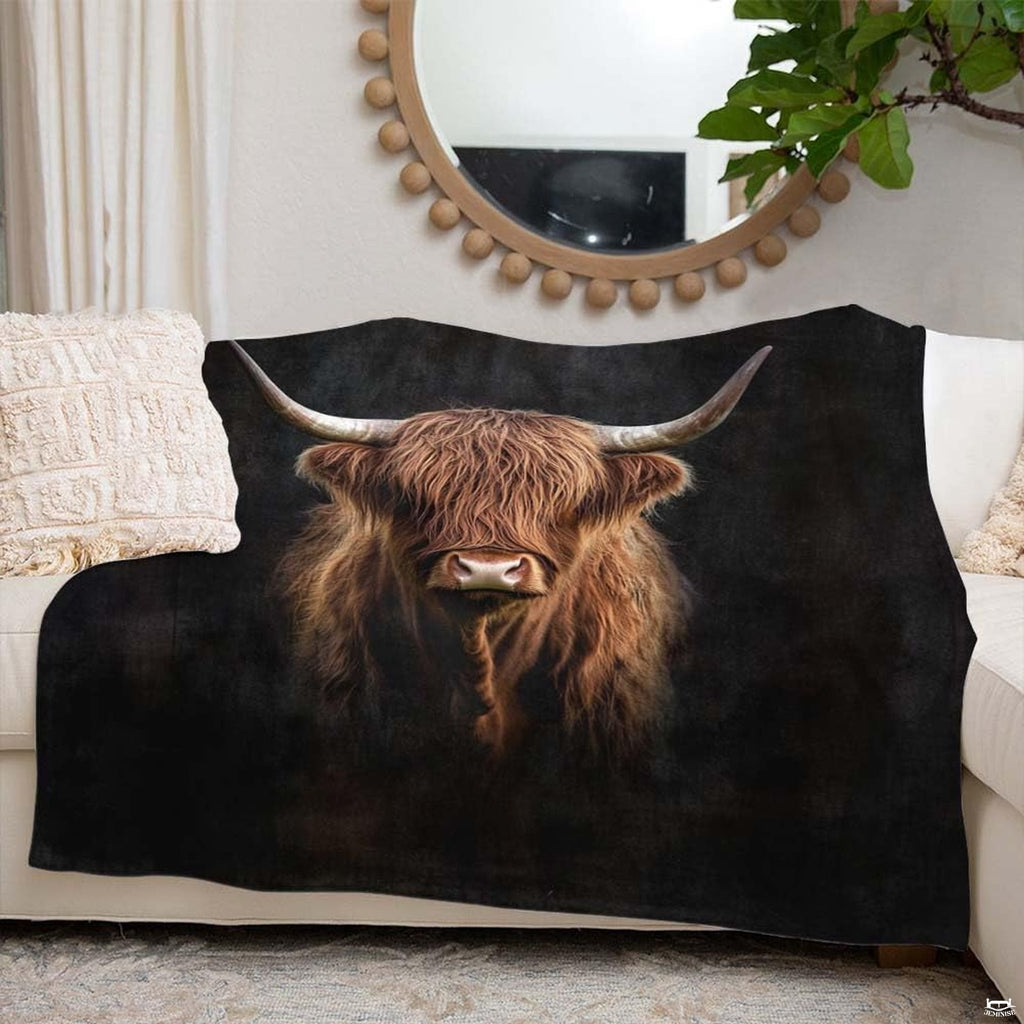 Dramatic portrait of Scottish Highland cow with curved horns emerging from black background, view 5.
