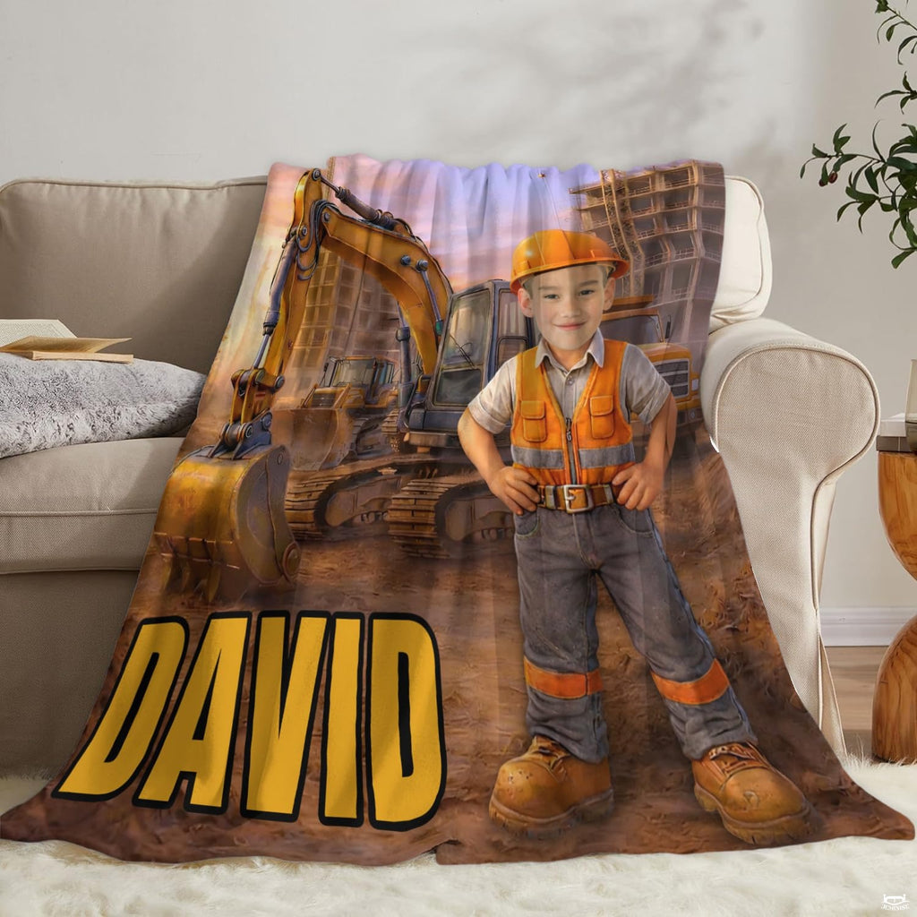 Excavator and builder throw blanket folded neatly on bedroom shelf