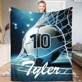 Soccer ball bed set artwork showing a soccer ball in the net with cyan stadium floodlights and navy background.