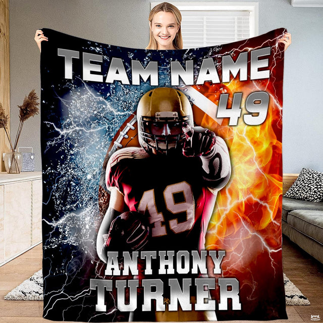 Football player fire and ice lightning throw blanket displaying an athlete pointing amid split fire and ice graphics