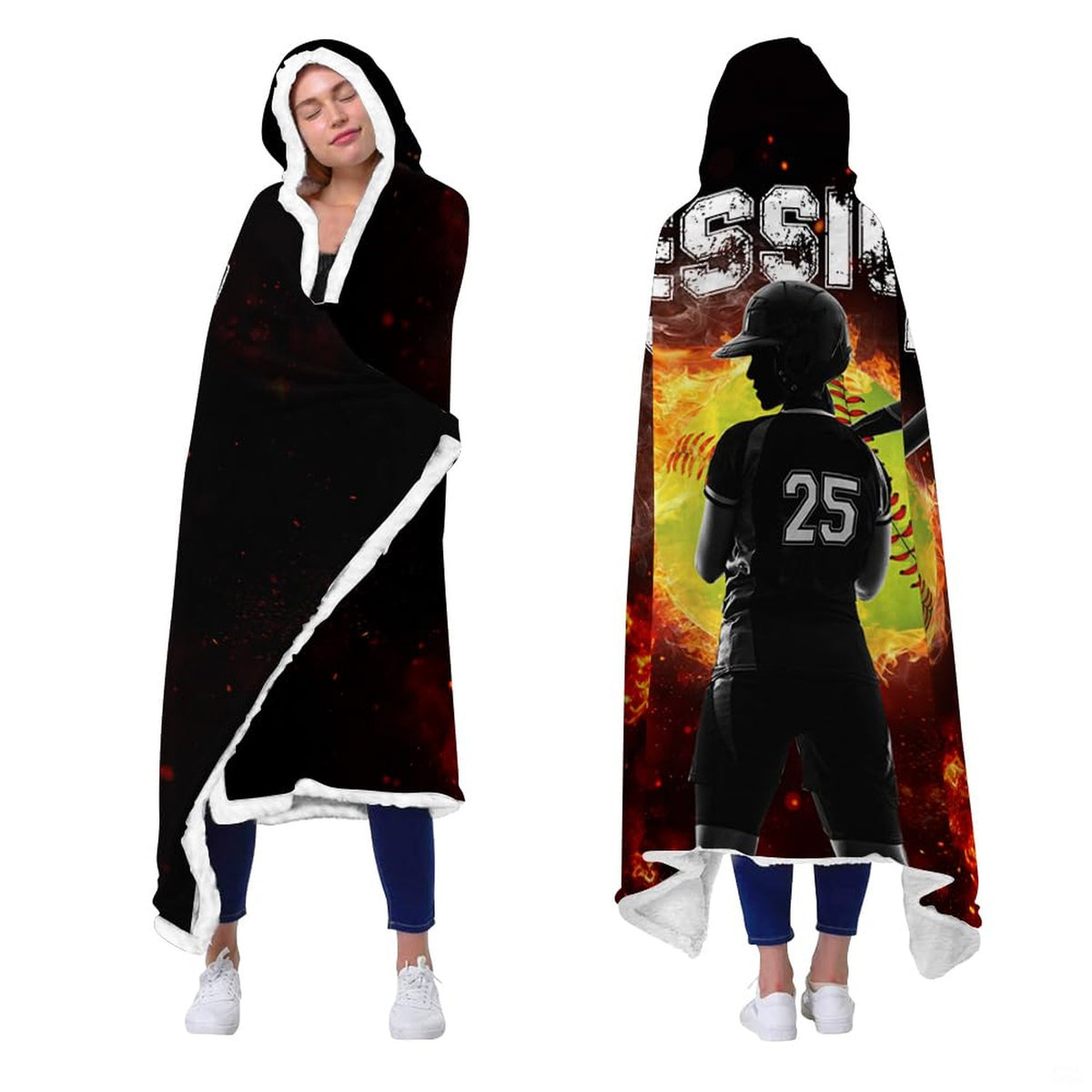 Model presenting front and back perspective of black wearable hooded textile with flaming softball artwork.
