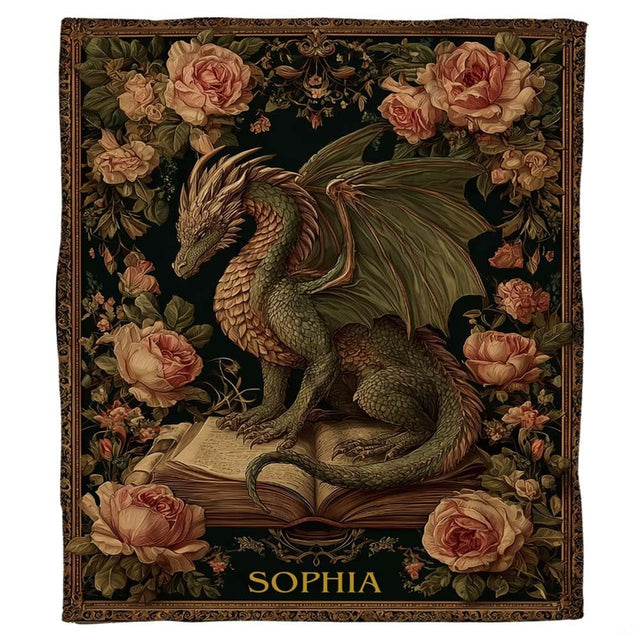 Baroque green dragon on antique tome fantasy blanket showing dragon on open book view 2