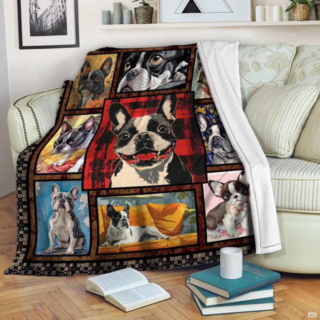Artistic Boston Terrier throw blanket view 2 highlighting diverse painterly puppy portraits and ornate border