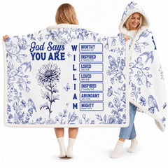Christian scripture and blue botanical toile floral hooded blanket with songbirds on white
