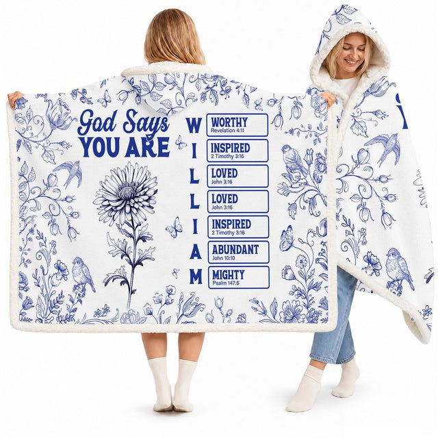 Christian scripture and blue botanical toile floral hooded blanket with songbirds on white