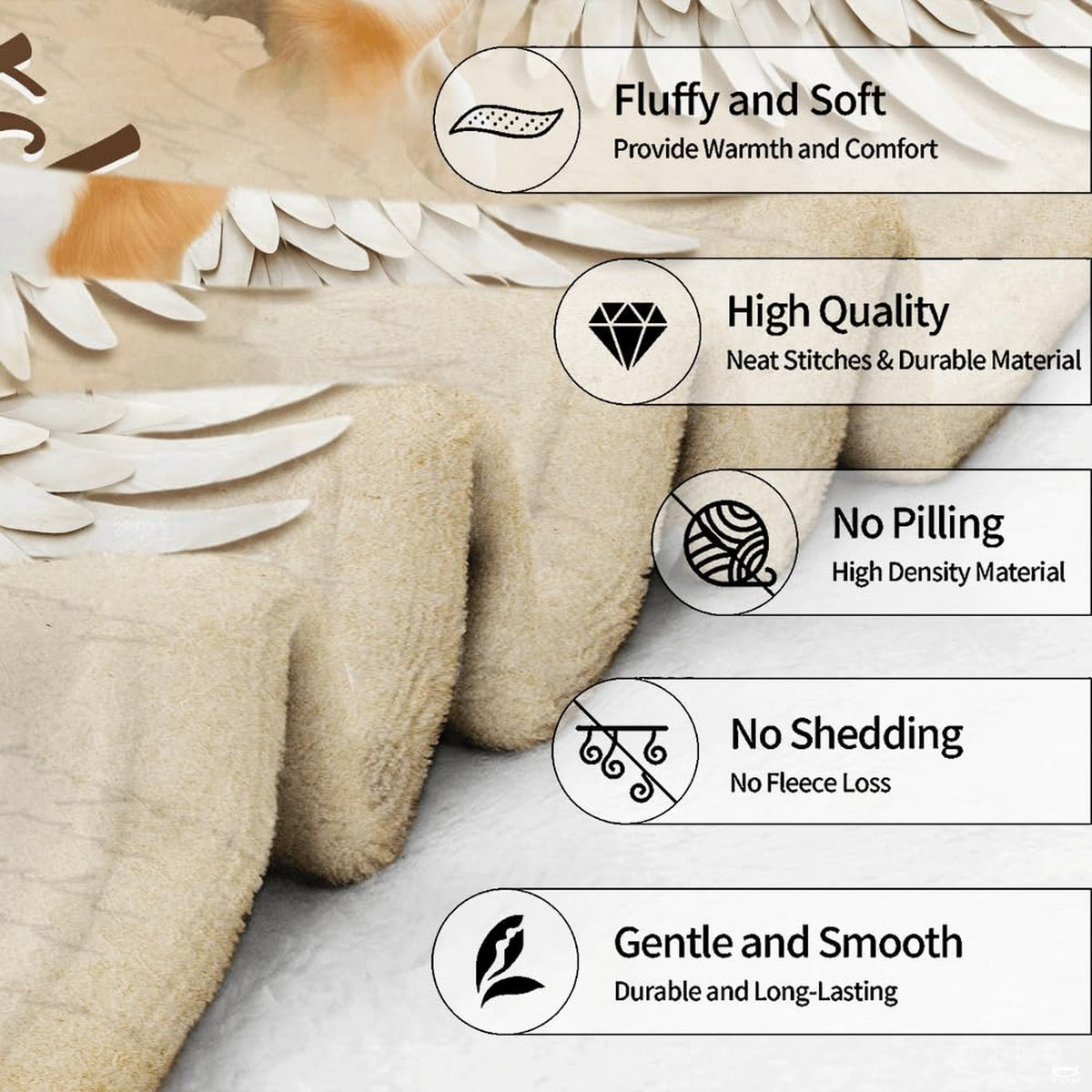 Close up detail of edge stitching and print quality on an angel wings dog blanket