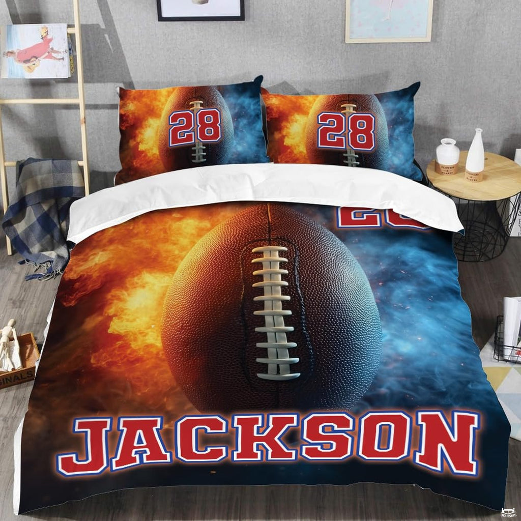 Close-up of the pebbled football texture, white laces, and blazing fiery embers on an athletic bedding set