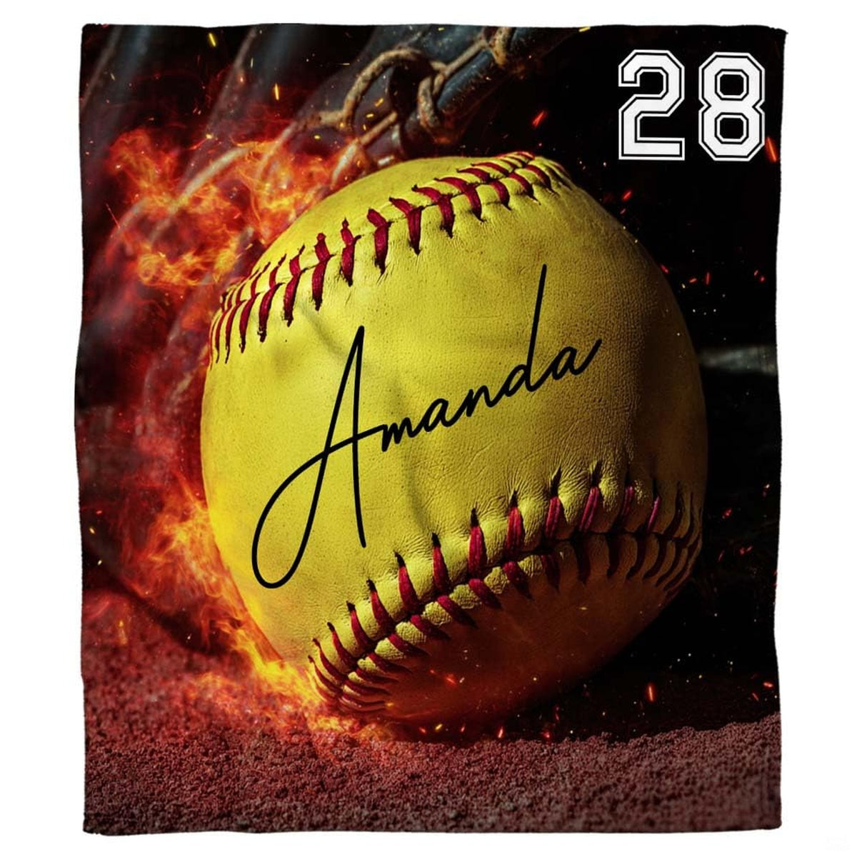 Fiery softball artwork with blazing flame graphics and leather glove against dark stadium backdrop.