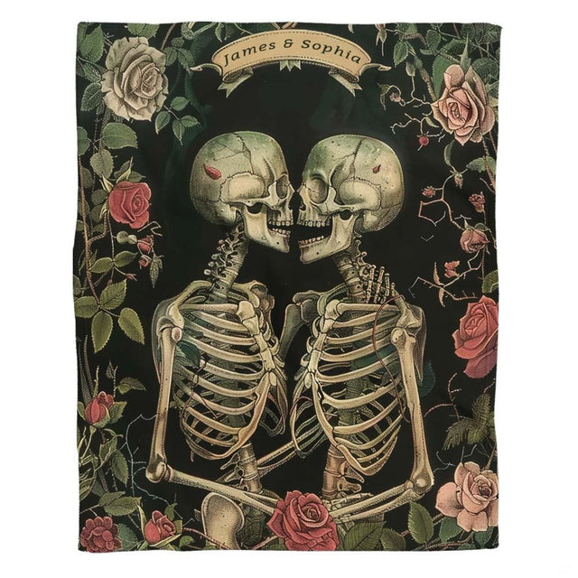 Gothic skeleton lovers throw blanket view 2 highlighting embracing skeletons, blooming roses, and dark background