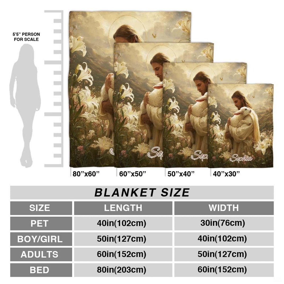 Size comparison graphic for the Good Shepherd religious throw blanket.