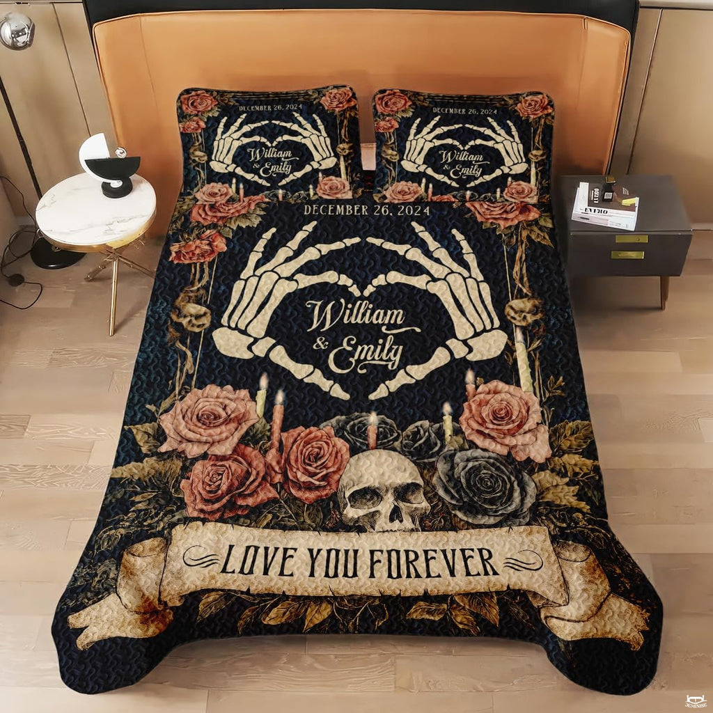 Coordinated bedroom interior featuring dark gothic skeleton bedding and matching romantic pillowcases