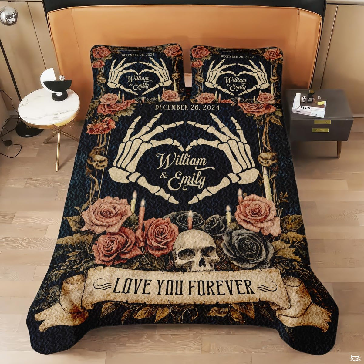 Coordinated bedroom interior featuring dark gothic skeleton bedding and matching romantic pillowcases