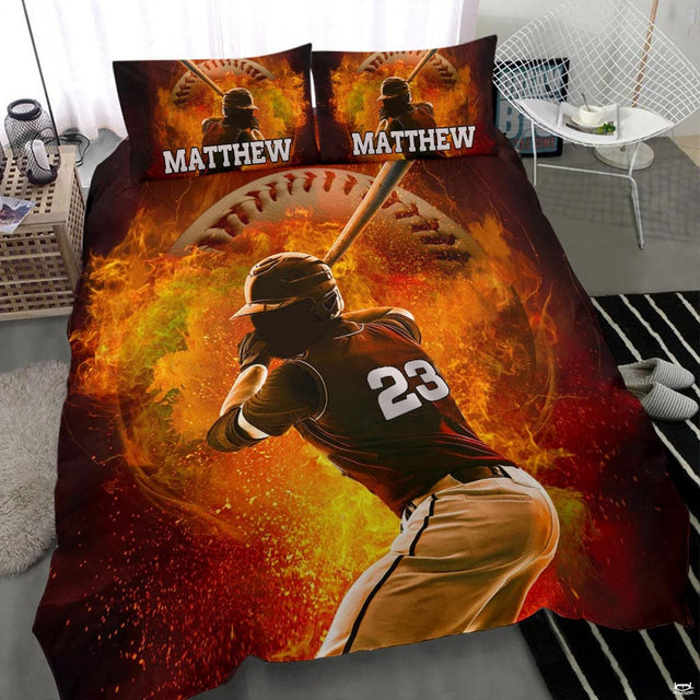 Dynamic baseball player artwork with glowing sparks and fiery orange hues on bedroom decor.