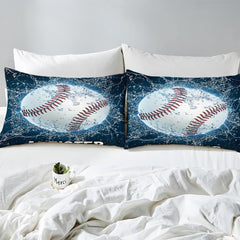 Side angle view of athletic sports bedding showing ice blue and slate grey tones draped on mattress