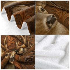 Full flat lay of the whitetail buck western floral scrollwork blanket composition.