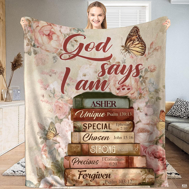 God says I am vintage floral book stack blanket front display