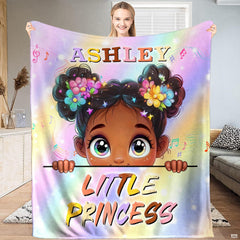 Music headphones girl throw blanket view 6 highlighting rainbow hair, pink headphones, and pastel backdrop