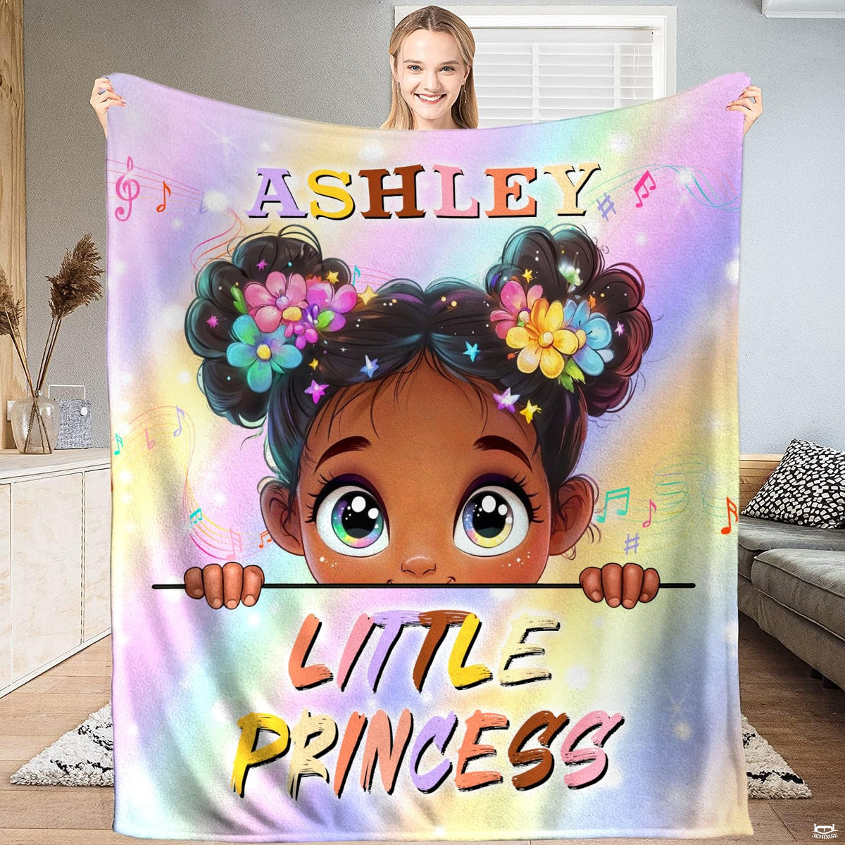 Music headphones girl throw blanket view 6 highlighting rainbow hair, pink headphones, and pastel backdrop
