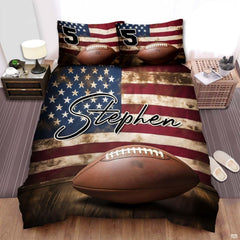 American football bedding set displaying football on rustic dark wood planks with distressed stars and stripes flag