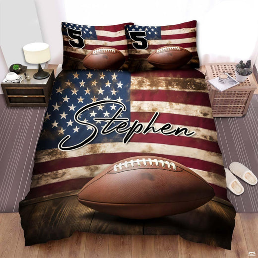 American football bedding set displaying football on rustic dark wood planks with distressed stars and stripes flag