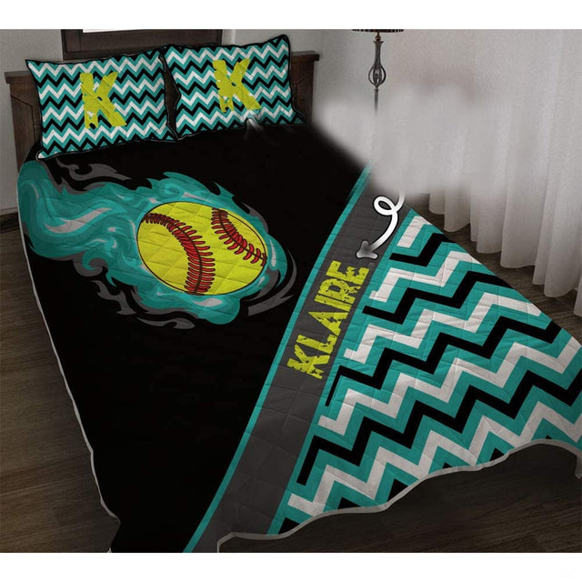 Softball engulfed in aqua cyan flames over black chevron graphics for girls sports bedroom decor.