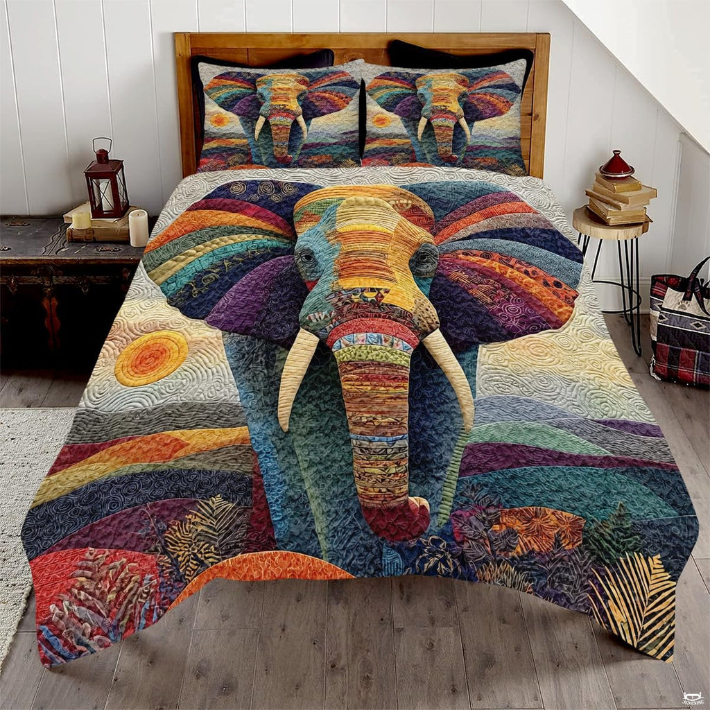 Olive moss and dusty rose elephant bedding set showing an ornate mandala elephant among vibrant patchwork tiles.