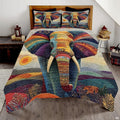 Olive moss and dusty rose elephant bedding set showing an ornate mandala elephant among vibrant patchwork tiles.