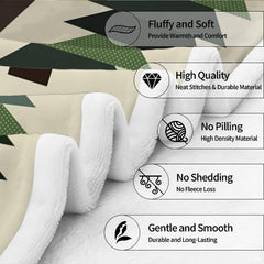 Geometric pine forest blanket with Sasquatch silhouette displayed across a wooden bench.