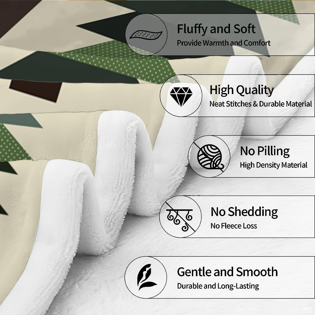 Geometric pine forest blanket with Sasquatch silhouette displayed across a wooden bench.