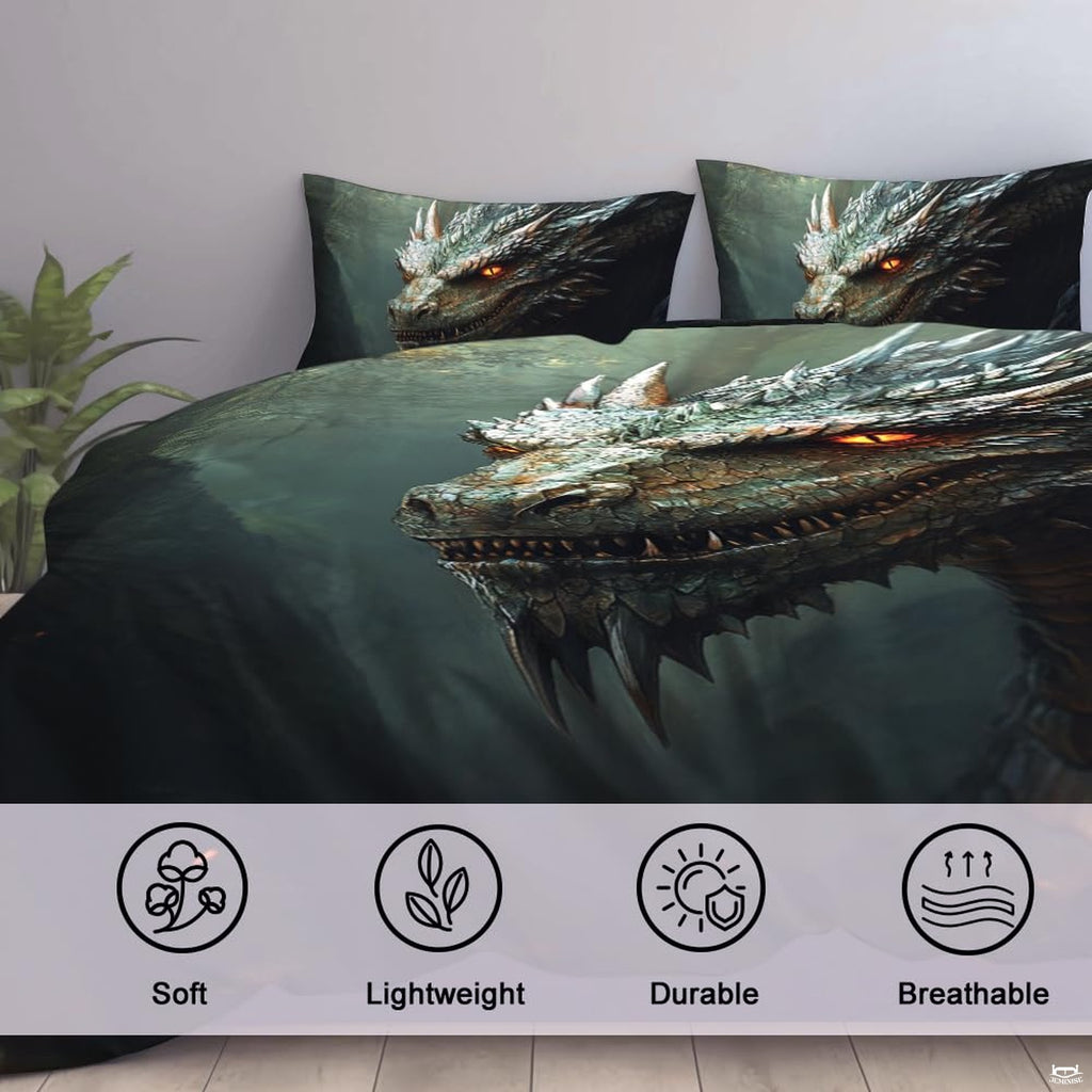 Close view of dragon with glowing orange eye