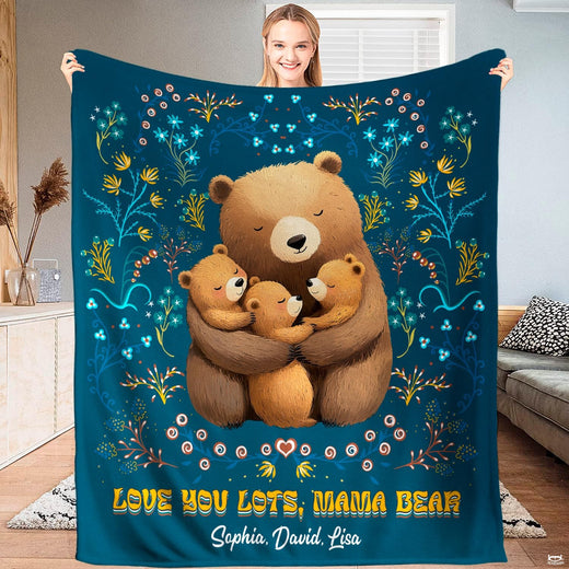 Mother thematic accent embracing three cubs within a botanical floral wreath on adult bedding sets.