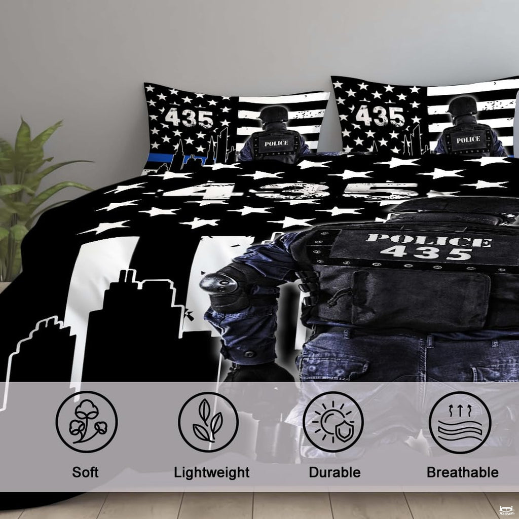 Close bedroom view of dark tactical gear, white stars, blue stripe, and outlined city buildings