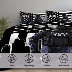 Close bedroom view of dark tactical gear, white stars, blue stripe, and outlined city buildings