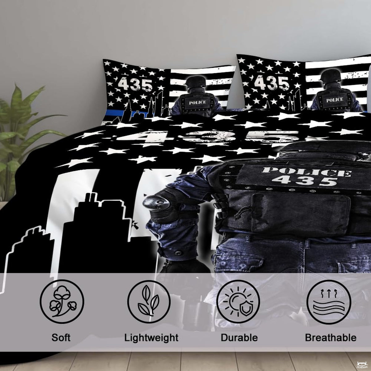 Close bedroom view of dark tactical gear, white stars, blue stripe, and outlined city buildings