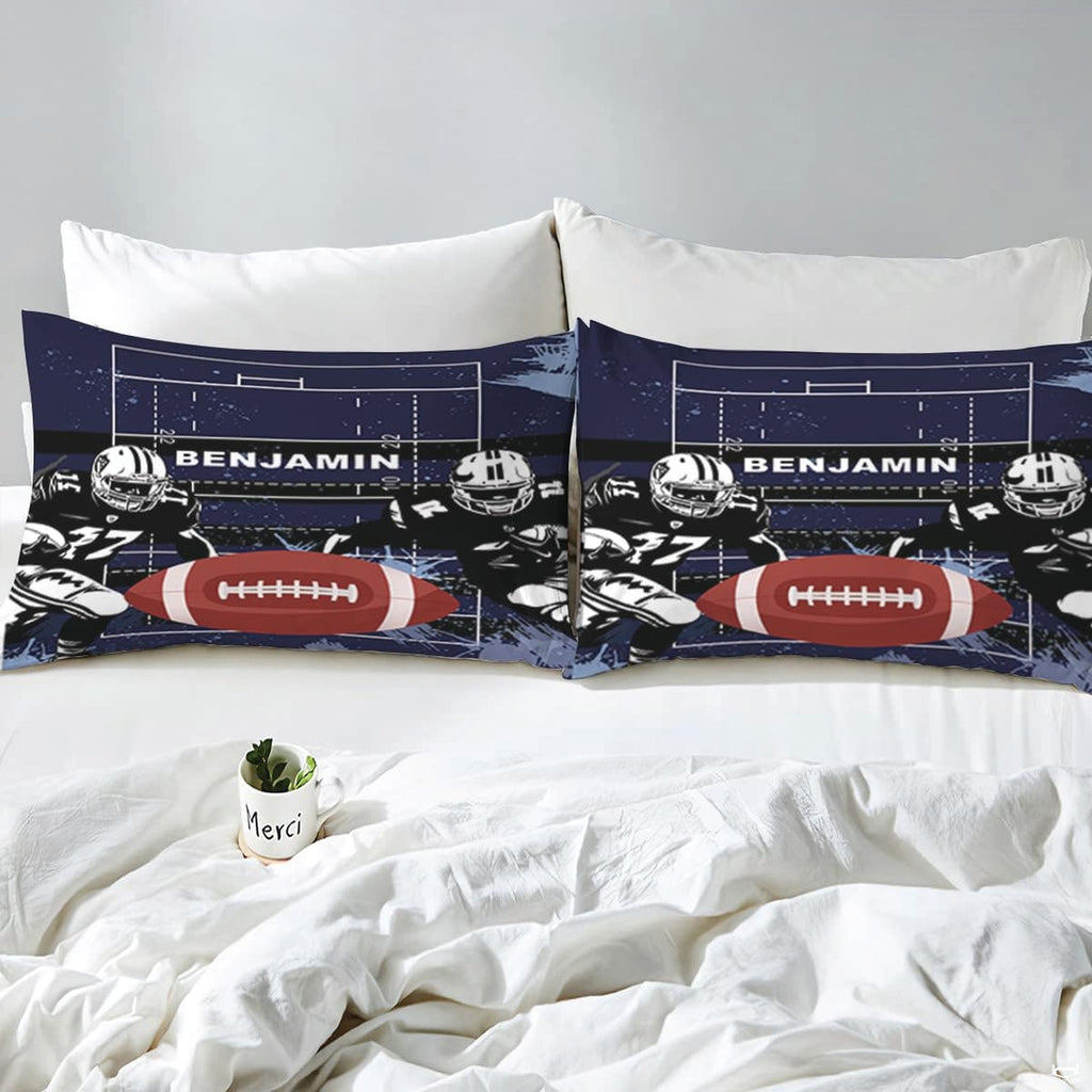 Overhead view of football playbook diagram sports bedding arranged neatly across an interior bedroom bed