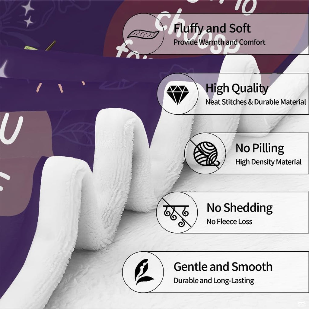 Overhead presentation of purple sisterhood affirmations blanket