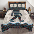 Intricate mandala Bigfoot bedding set featuring an iconic Sasquatch silhouette and radial mandala art on a bed