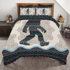 Intricate mandala Bigfoot bedding set featuring an iconic Sasquatch silhouette and radial mandala art on a bed