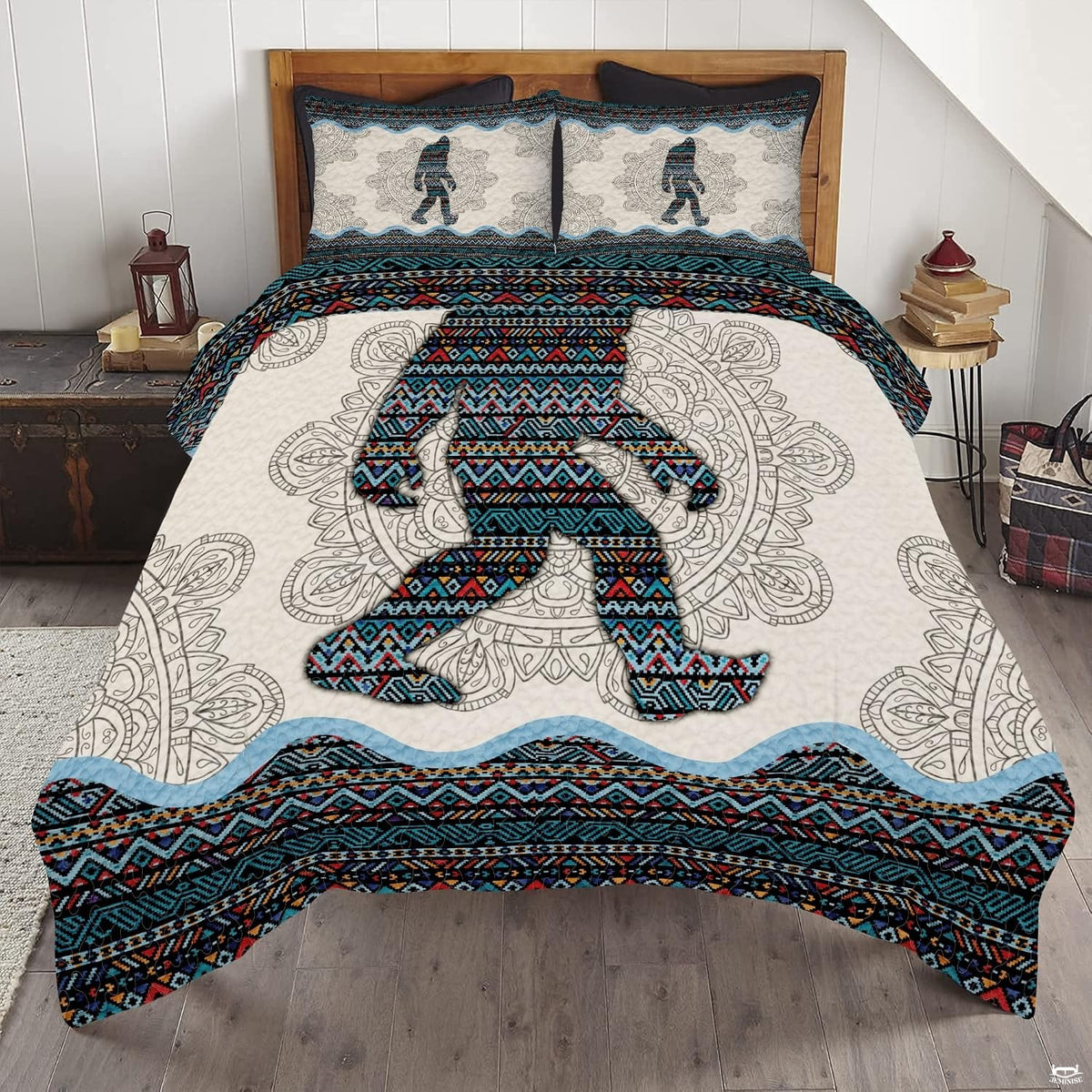 Intricate mandala Bigfoot bedding set featuring an iconic Sasquatch silhouette and radial mandala art on a bed