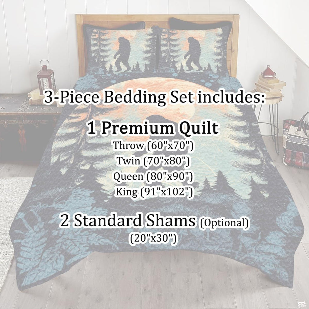 Full bedroom display of sunset forest Bigfoot bedding styled with rustic cabin room decor accents