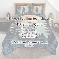 Full bedroom display of sunset forest Bigfoot bedding styled with rustic cabin room decor accents